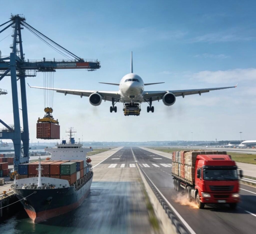 a plane in the air ,sea ship and a truck conveying goods