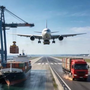 a plane in the air ,sea ship and a truck conveying goods